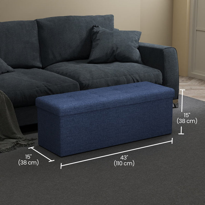 Blue Linen Storage Ottoman Bench with Flip Top and Wooden Legs for Bedroom by Songmics