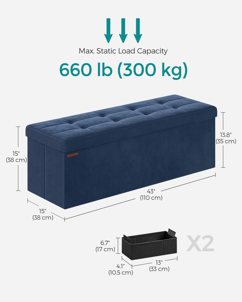 Dark Blue Foldable Storage Ottoman Small Footstool with Lid 38 x 110 x 38 cm by Songmics
