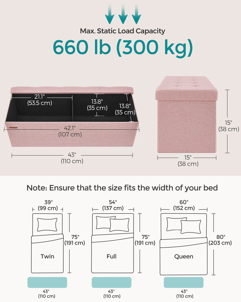 Foldable Small Storage Ottoman in Jelly Pink 38 x 110 x 38 cm Space Saving Design by Songmics