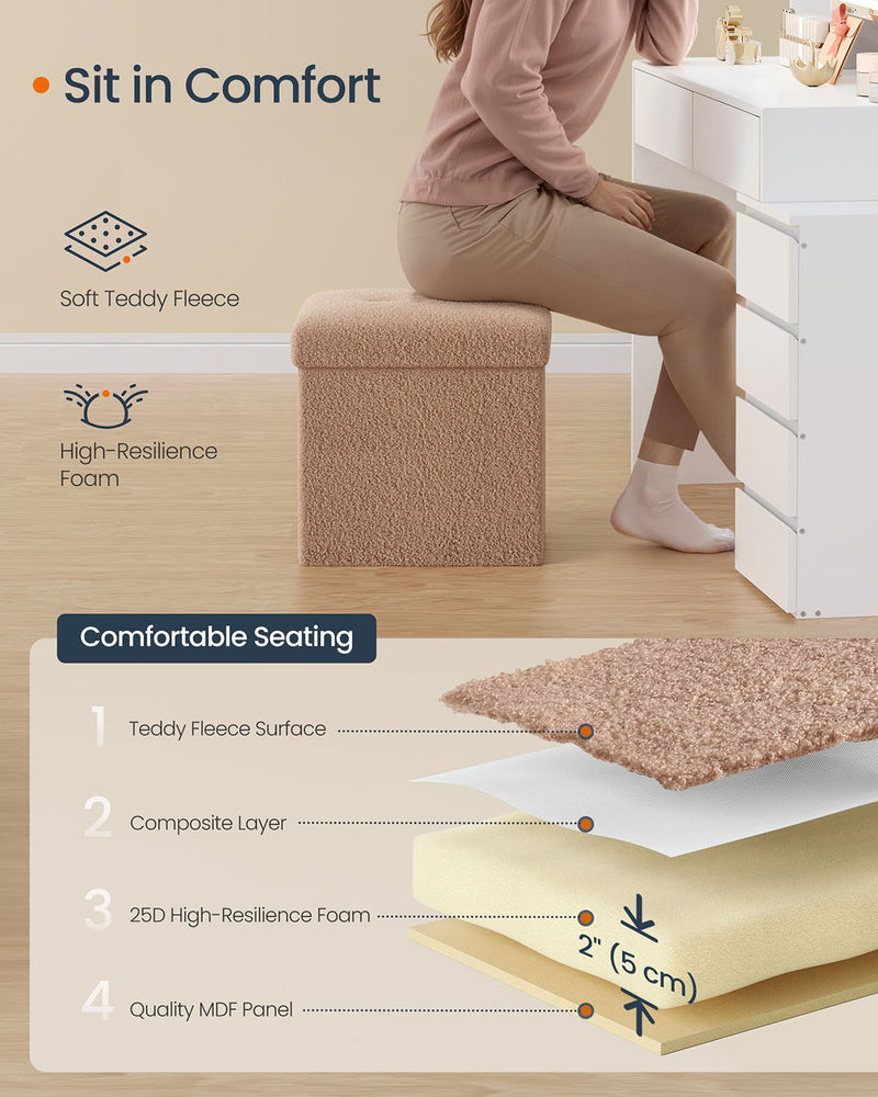 Camel Brown Folding Storage Ottoman with Removable Lid 38 x 38 x 38 cm by Songmics