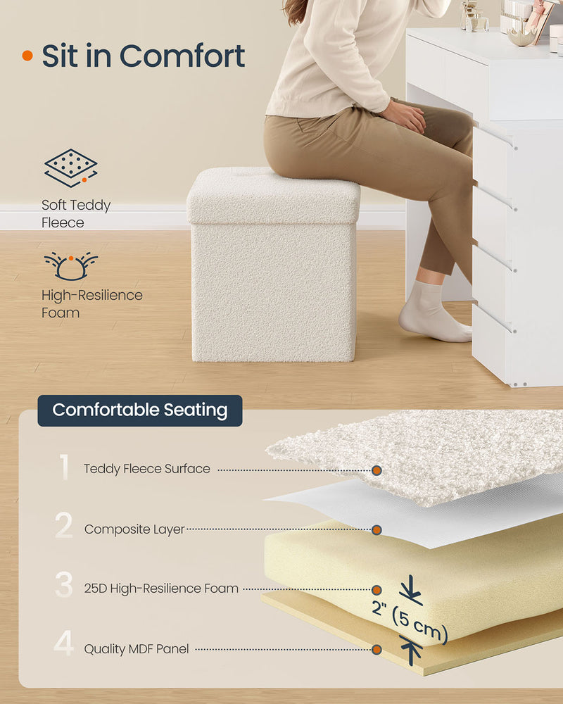 Cream White Folding Storage Ottoman with Removable Lid 38 x 38 x 38 cm by Songmics