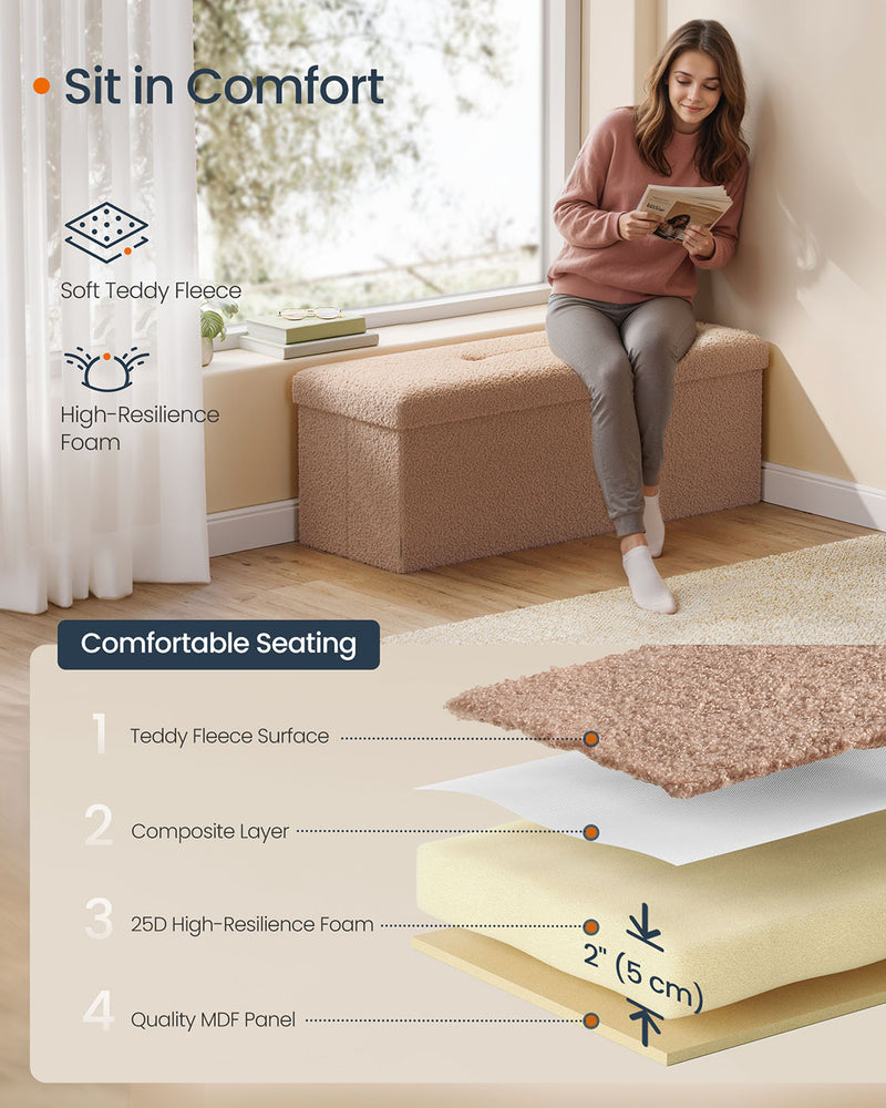 Camel Brown Folding Storage Ottoman with Removable Lid 110 cm Long by Songmics