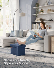 Small Foldable Storage Ottoman in Denim Blue 31 x 41 cm Space Saving Seat by Songmics