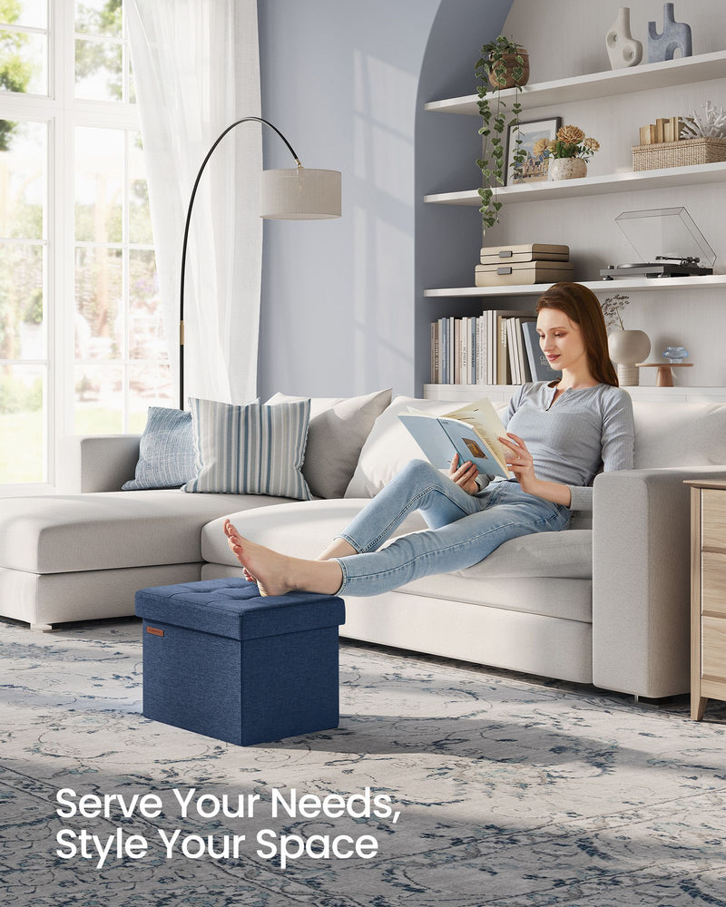Small Foldable Storage Ottoman in Denim Blue 31 x 41 cm Space Saving Seat by Songmics