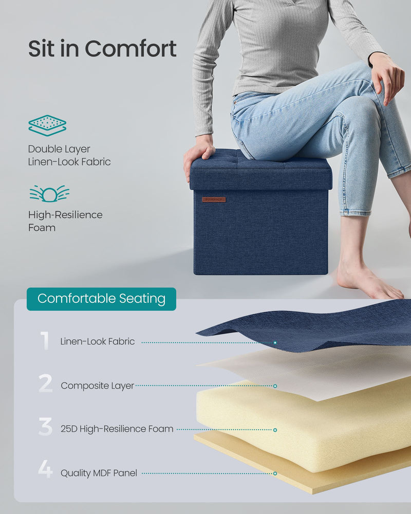 Small Foldable Storage Ottoman in Denim Blue 31 x 41 cm Space Saving Seat by Songmics