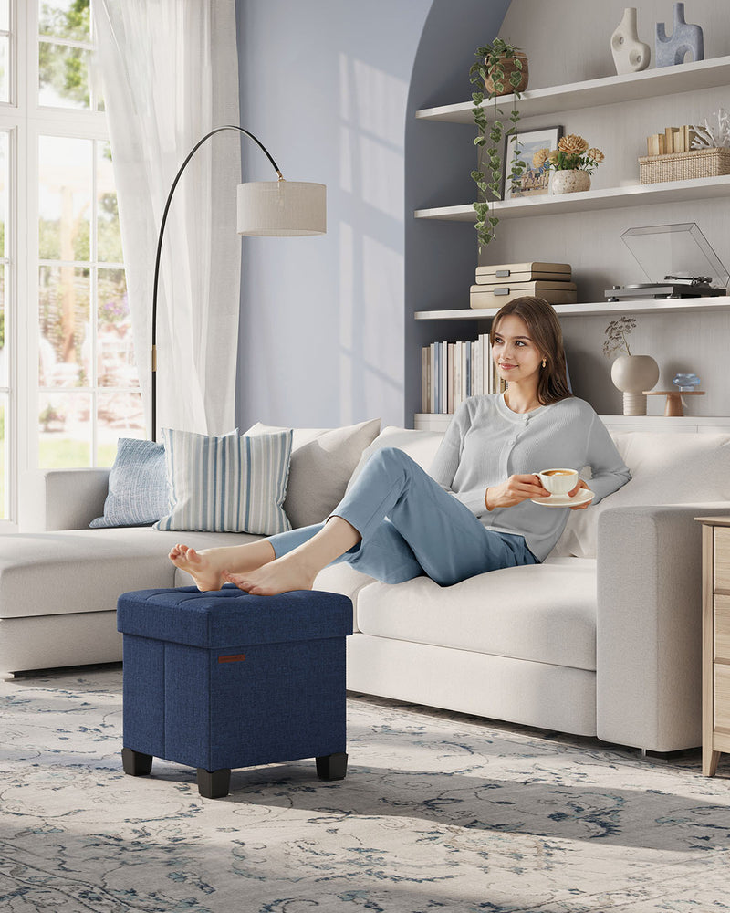 Midnight Blue Foldable Storage Ottoman Small Footstool 38 x 38 cm for Home Use by Songmics