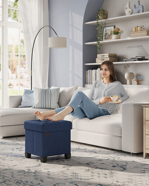 Midnight Blue Foldable Storage Ottoman Small Footstool 38 x 38 cm for Home Use by Songmics