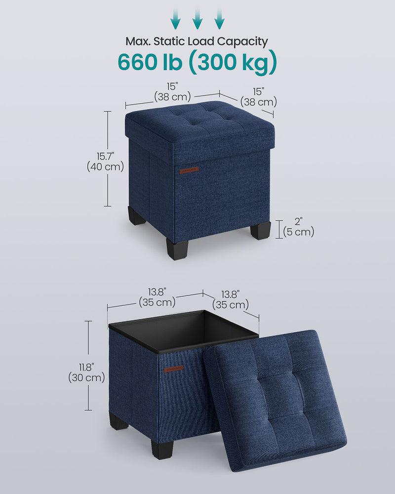 Midnight Blue Foldable Storage Ottoman Small Footstool 38 x 38 cm for Home Use by Songmics
