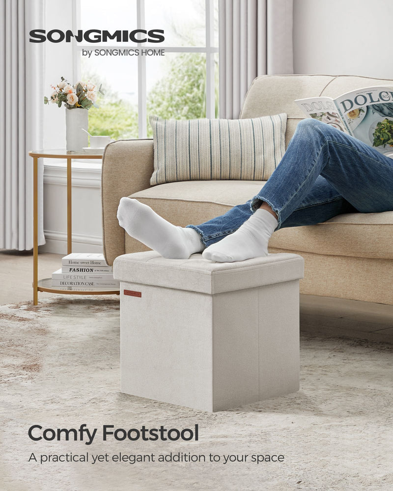 Cream White Foldable Storage Ottoman Bench 38x38x38 cm with Padded Seat by Songmics