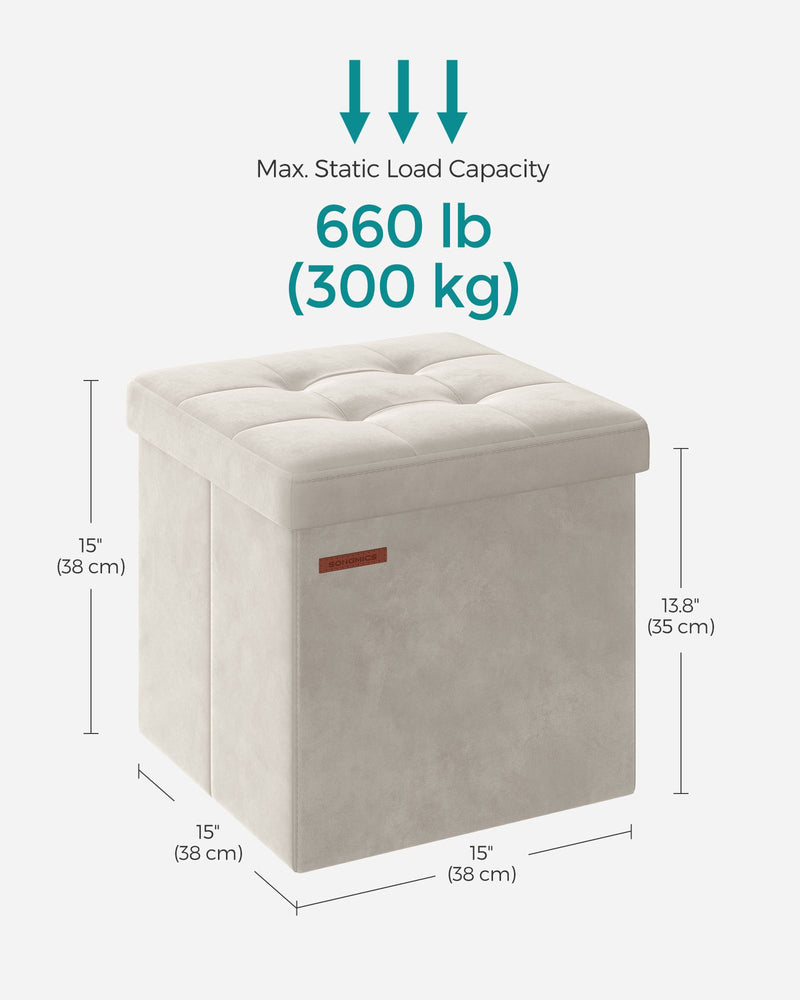 Cream White Foldable Storage Ottoman Bench 38x38x38 cm with Padded Seat by Songmics