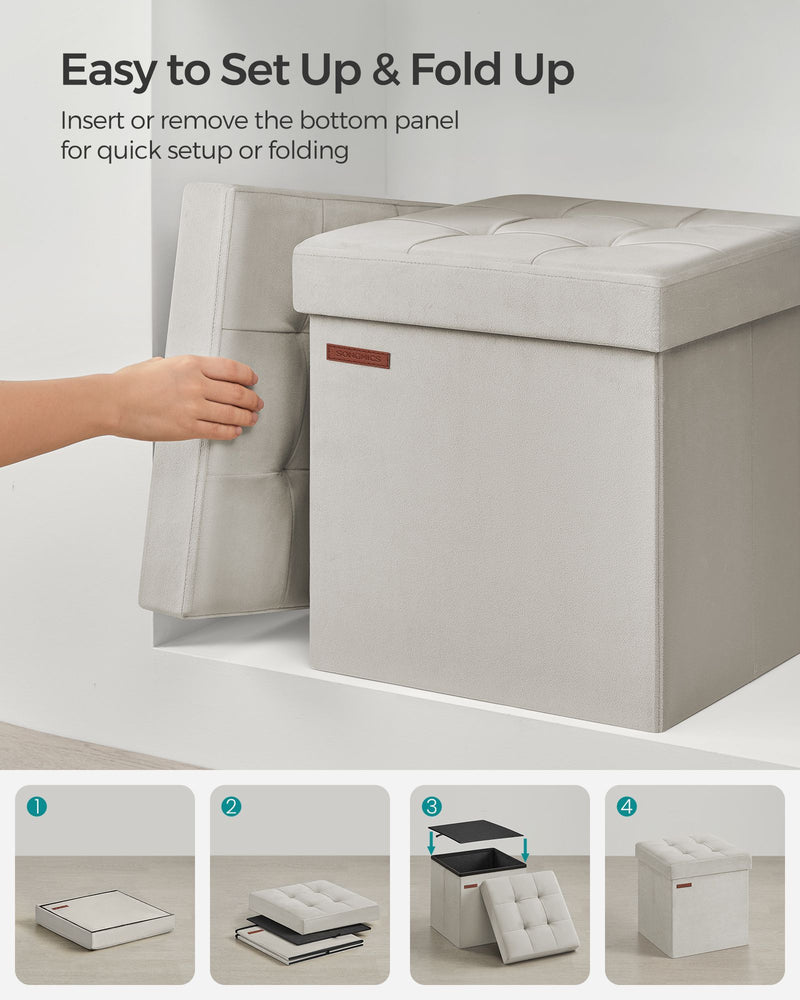 Cream White Foldable Storage Ottoman Bench 38x38x38 cm with Padded Seat by Songmics