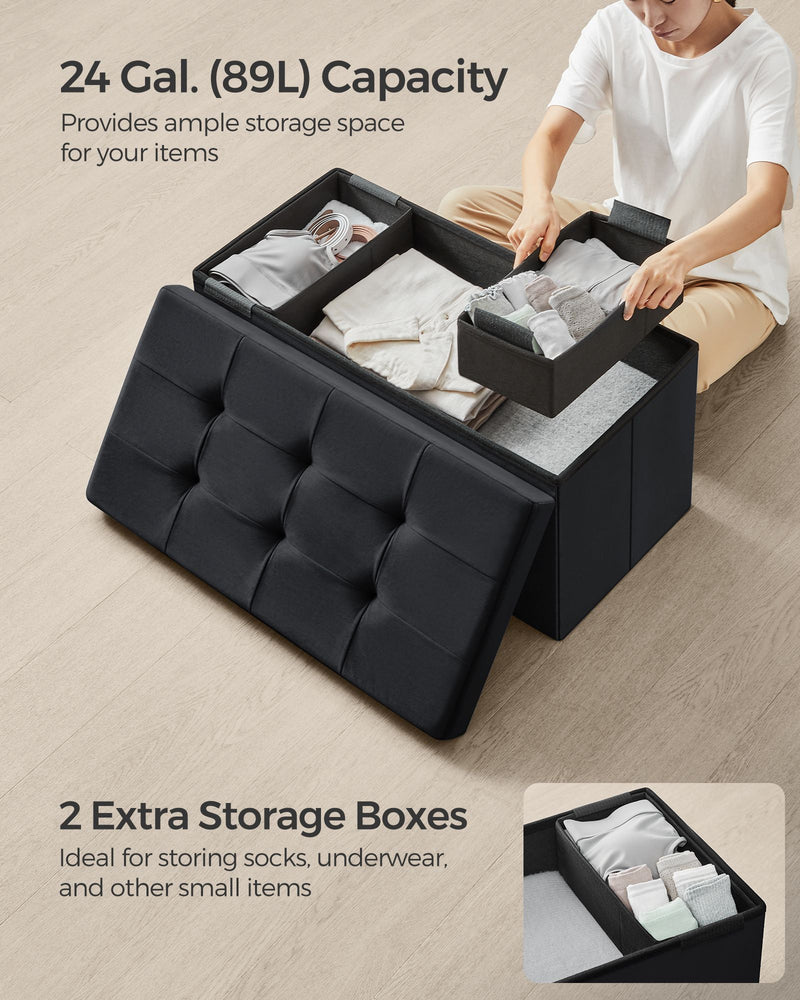 Foldable Storage Ottoman Bench in Ink Black with Padded Seat and Hidden Compartment by Songmics