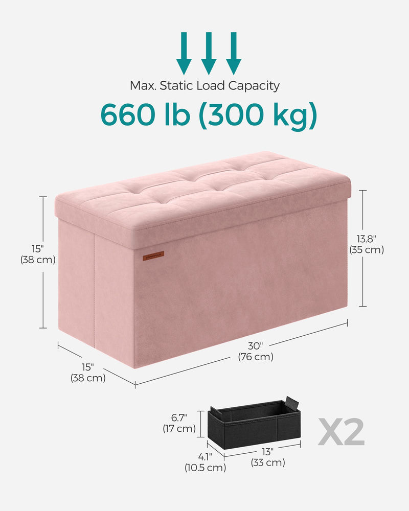 Foldable Storage Ottoman Bench Jelly Pink 38 x 76 x 38 cm with Padded Seat by Songmics