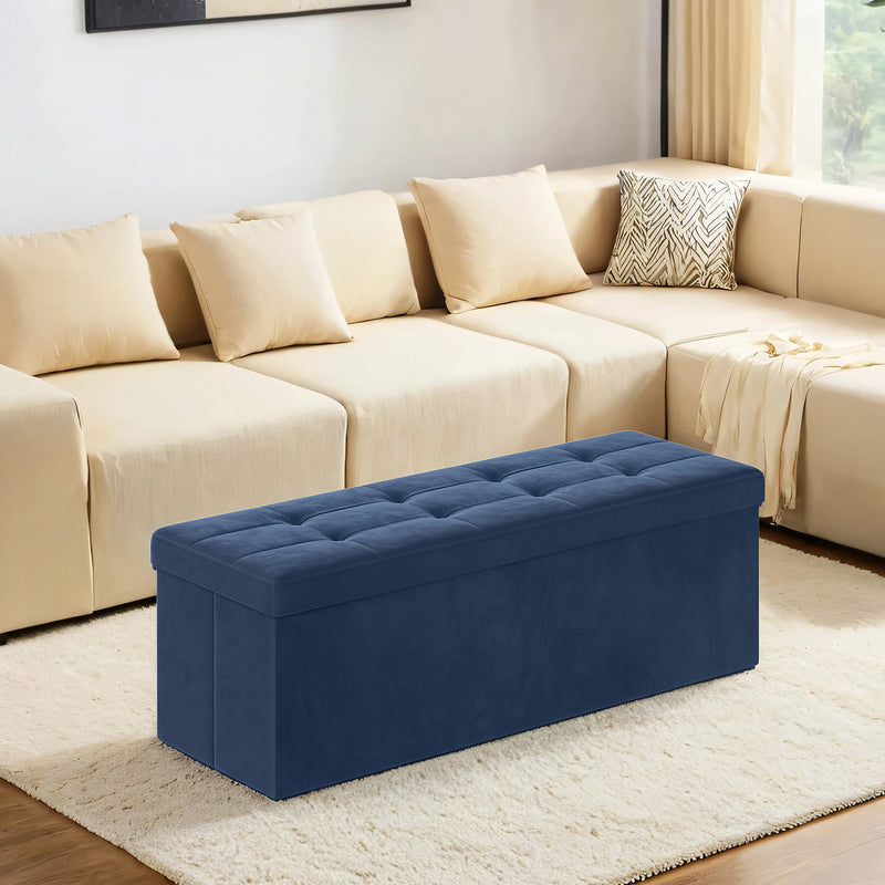 Foldable Blue Velvet Storage Ottoman Bench with Two Extra Boxes for Living Room by Songmics
