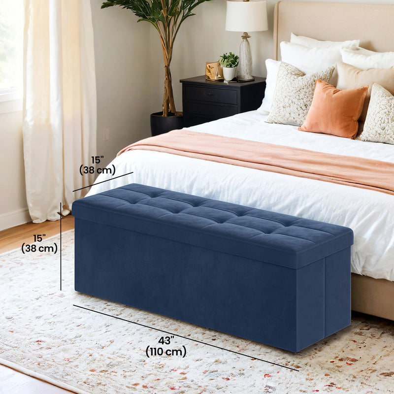Foldable Blue Velvet Storage Ottoman Bench with Two Extra Boxes for Living Room by Songmics