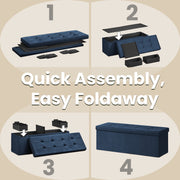 Foldable Blue Velvet Storage Ottoman Bench with Two Extra Boxes for Living Room by Songmics