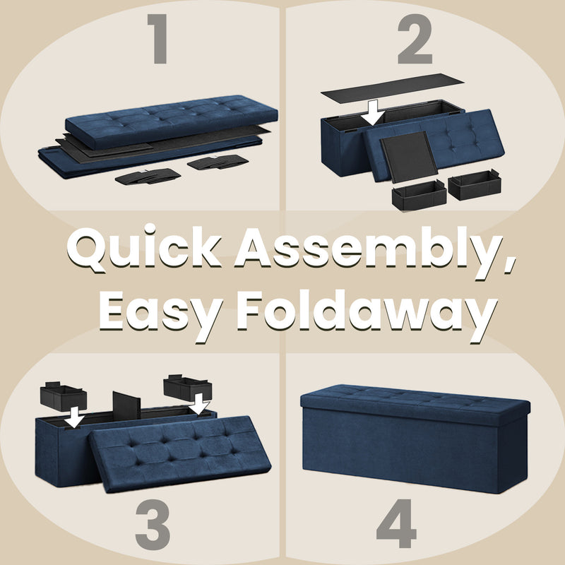 Foldable Blue Velvet Storage Ottoman Bench with Two Extra Boxes for Living Room by Songmics