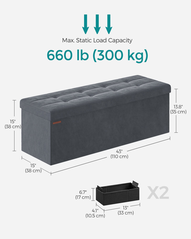 Slate Grey Foldable Storage Ottoman Bench 110 cm with Padded Seat and Hidden Compartment by Songmics