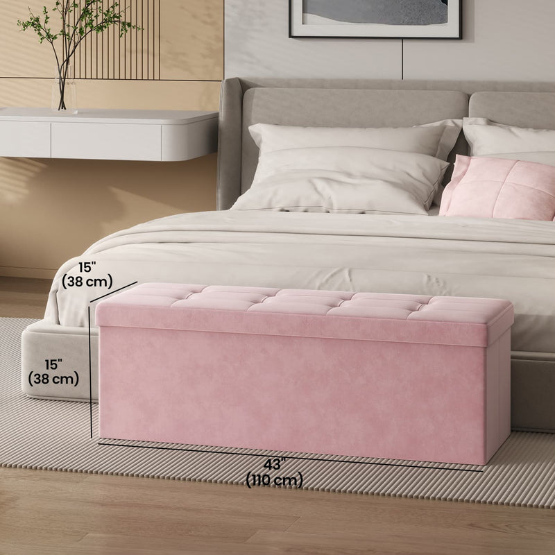 Pink Velvet Foldable Storage Ottoman Bench with Two Extra Boxes for Living Room by Songmics 110x38x38cm