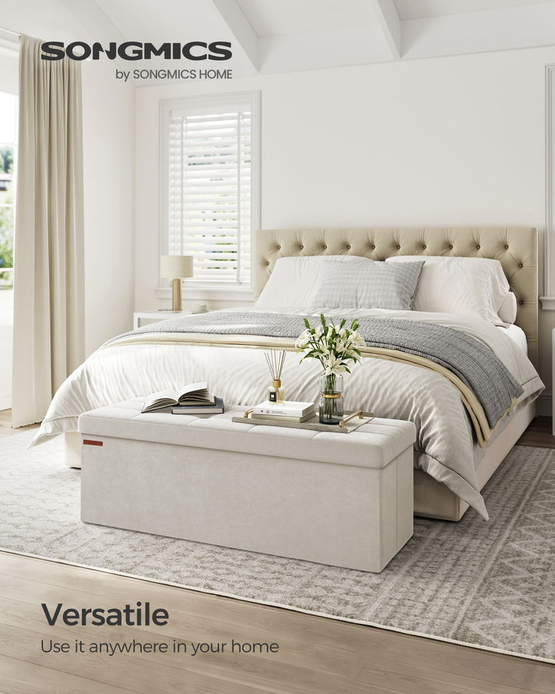 Cream White Foldable Storage Ottoman Bench 110 cm with Padded Seat and Hidden Compartment by Songmics
