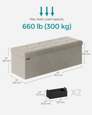 Cream White Foldable Storage Ottoman Bench 110 cm with Padded Seat and Hidden Compartment by Songmics