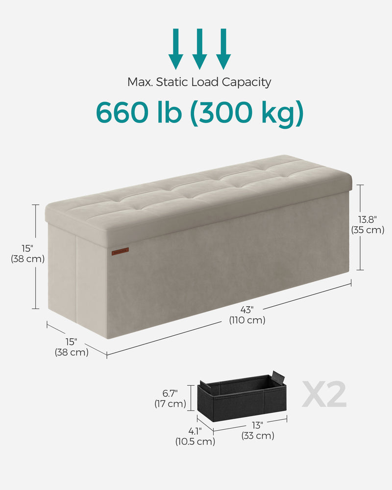 Cream White Foldable Storage Ottoman Bench 110 cm with Padded Seat and Hidden Compartment by Songmics