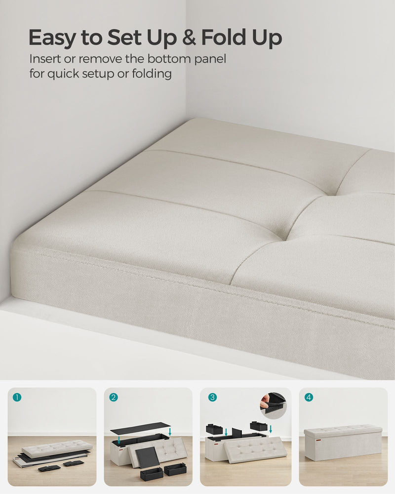 Cream White Foldable Storage Ottoman Bench 110 cm with Padded Seat and Hidden Compartment by Songmics