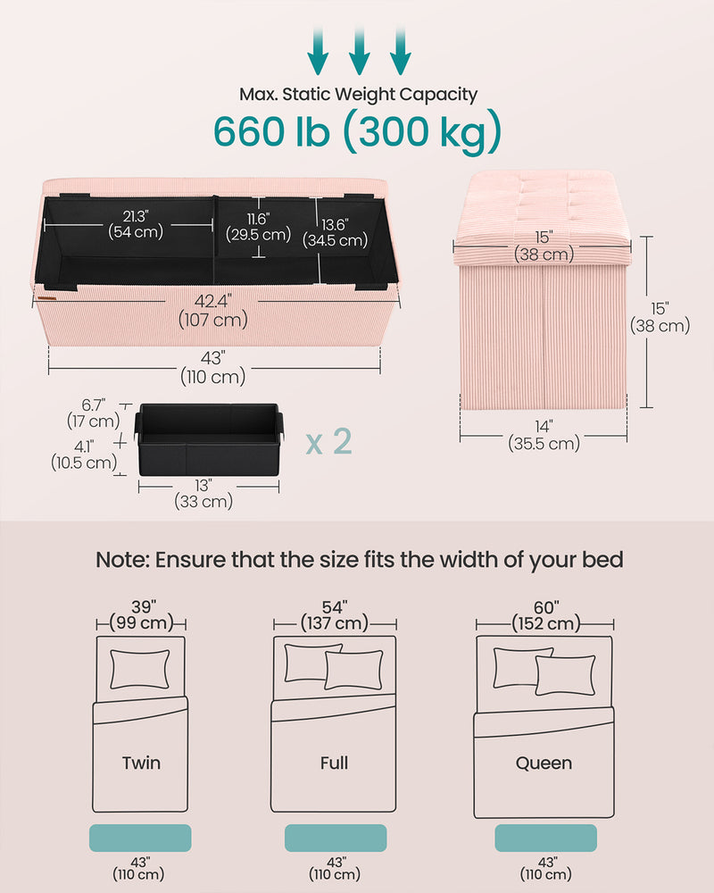 Pink Foldable Storage Ottoman Bench with Padded Foot Rest for Living Room or Bedroom 38 x 110 x 38 cm by Songmics