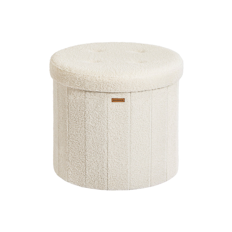 Teddy Fleece Round Foldable Storage Ottoman Stool with Removable Lid for Living Room by Songmics