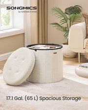 Teddy Fleece Round Foldable Storage Ottoman Stool with Removable Lid for Living Room by Songmics