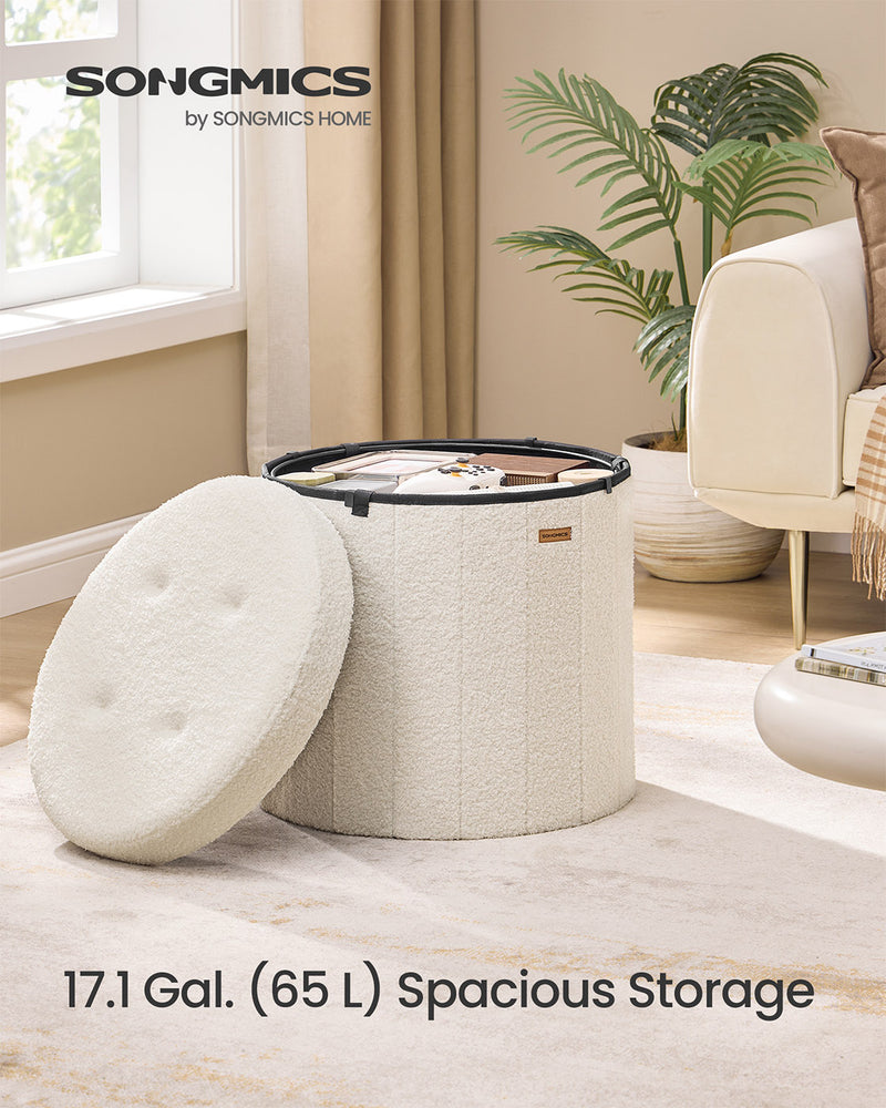 Teddy Fleece Round Foldable Storage Ottoman Stool with Removable Lid for Living Room by Songmics