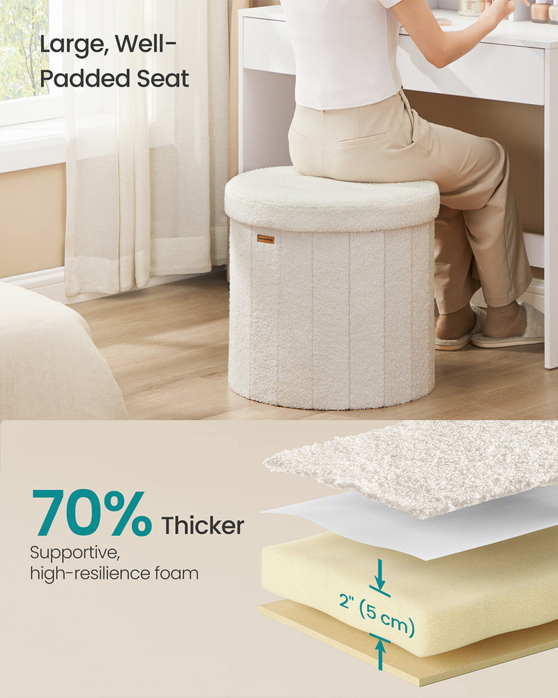 Teddy Fleece Round Foldable Storage Ottoman Stool with Removable Lid for Living Room by Songmics