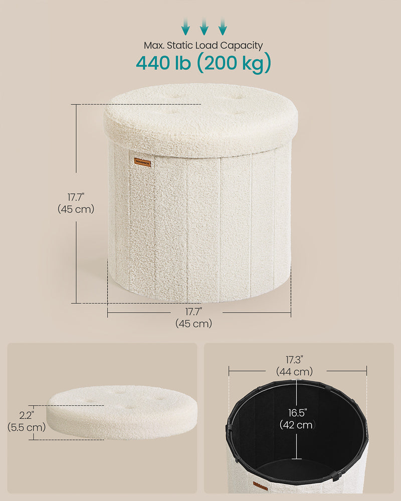 Teddy Fleece Round Foldable Storage Ottoman Stool with Removable Lid for Living Room by Songmics