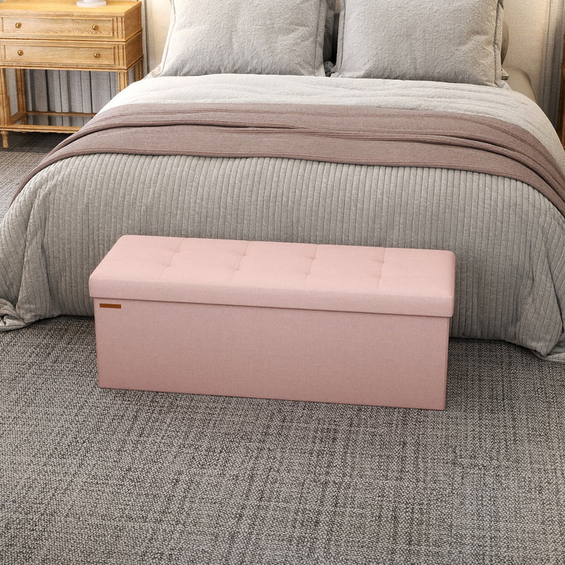 Large Pink Linen Storage Ottoman Bench Upholstered End of Bed Seat with Hinged Lid by Songmics