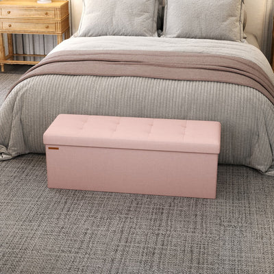 Large Pink Linen Storage Ottoman Bench Upholstered End of Bed Seat with Hinged Lid by Songmics
