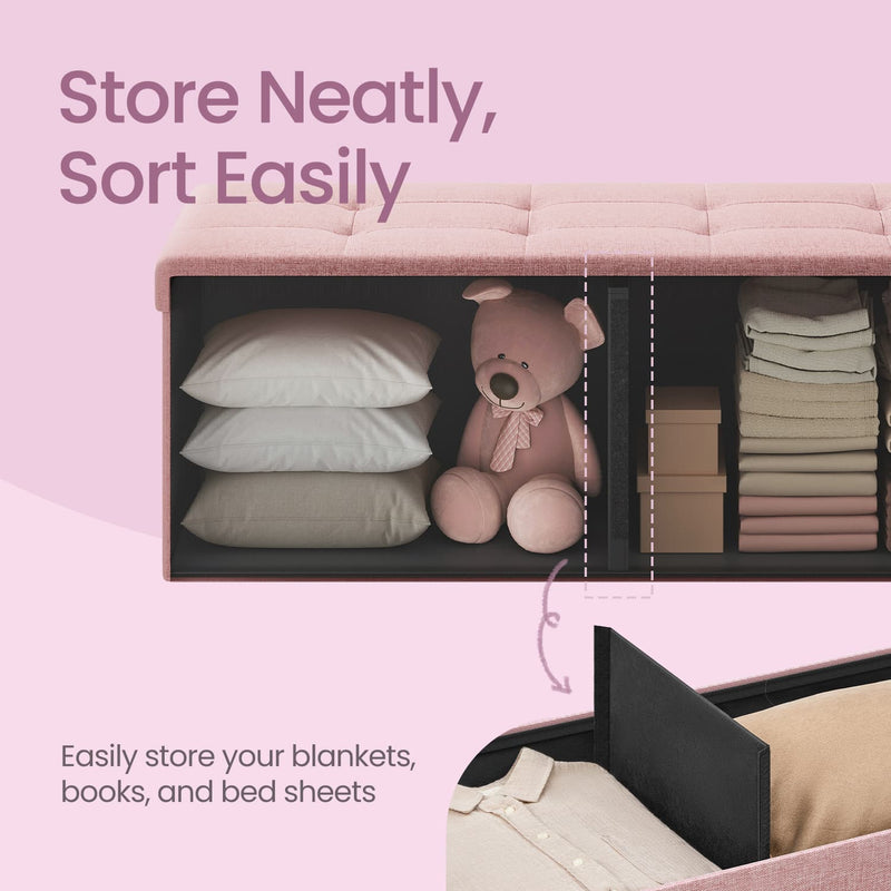 Large Pink Linen Storage Ottoman Bench Upholstered End of Bed Seat with Hinged Lid by Songmics