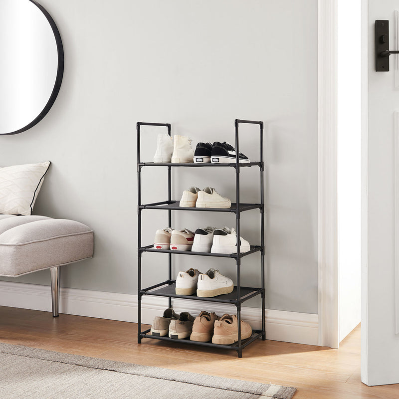 5 Tier Black Metal Shoe Rack with Non Woven Shelves Space Saving Organiser by Songmics