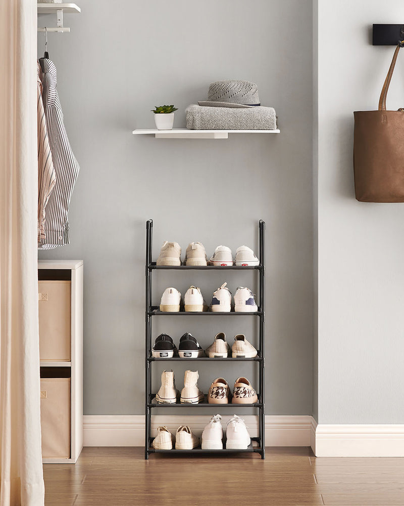 5 Tier Black Metal Shoe Rack with Non Woven Shelves Space Saving Organiser by Songmics