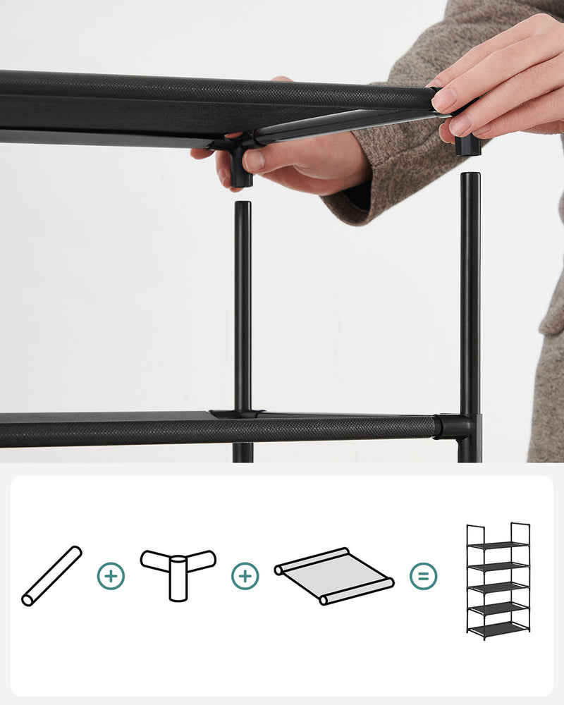 5 Tier Black Metal Shoe Rack with Non Woven Shelves Space Saving Organiser by Songmics