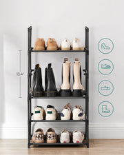 5 Tier Black Metal Shoe Rack with Non Woven Shelves Space Saving Organiser by Songmics