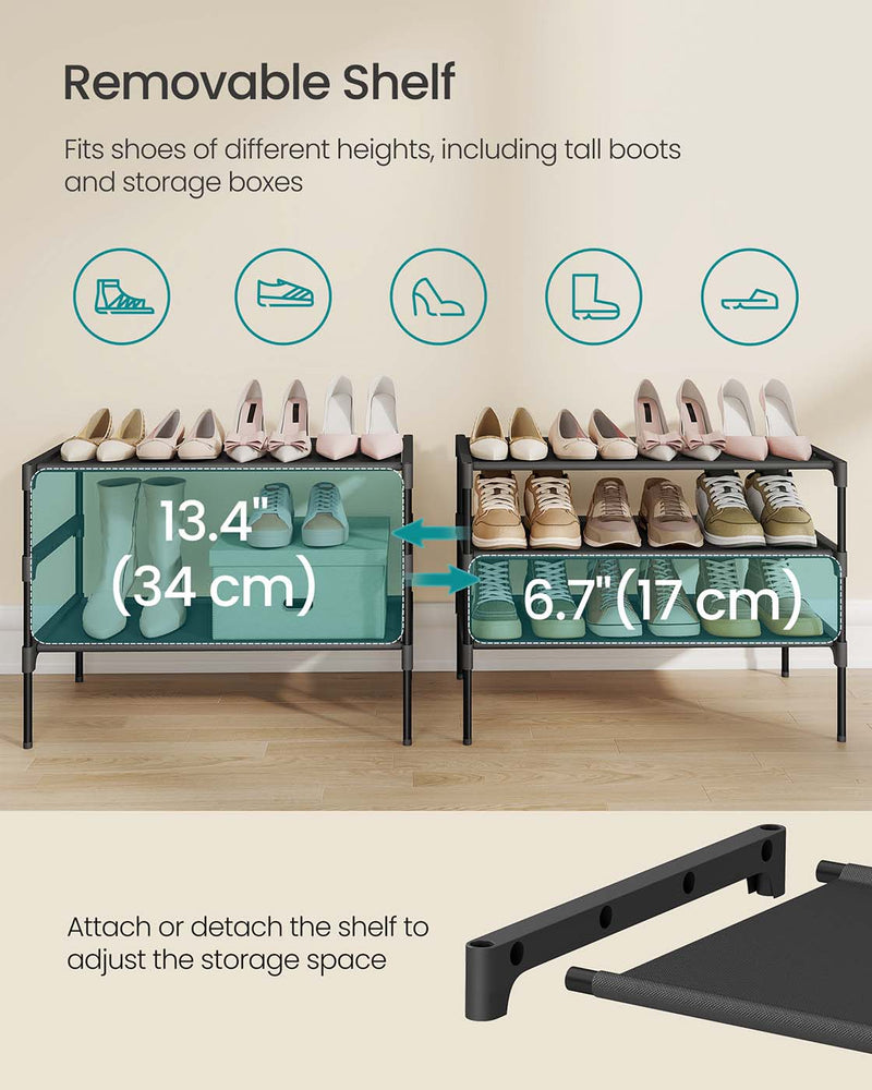 Two 3-tier shoe racks stacked to show the stackable design