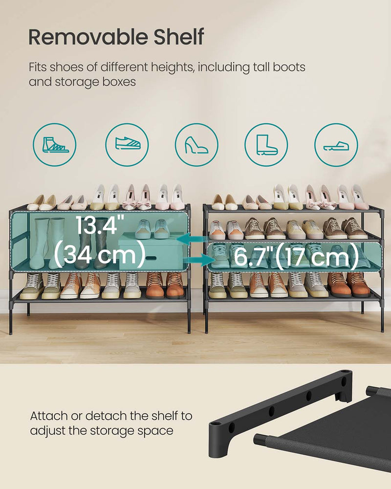 Two 4-tier shoe racks stacked to show the stackable design