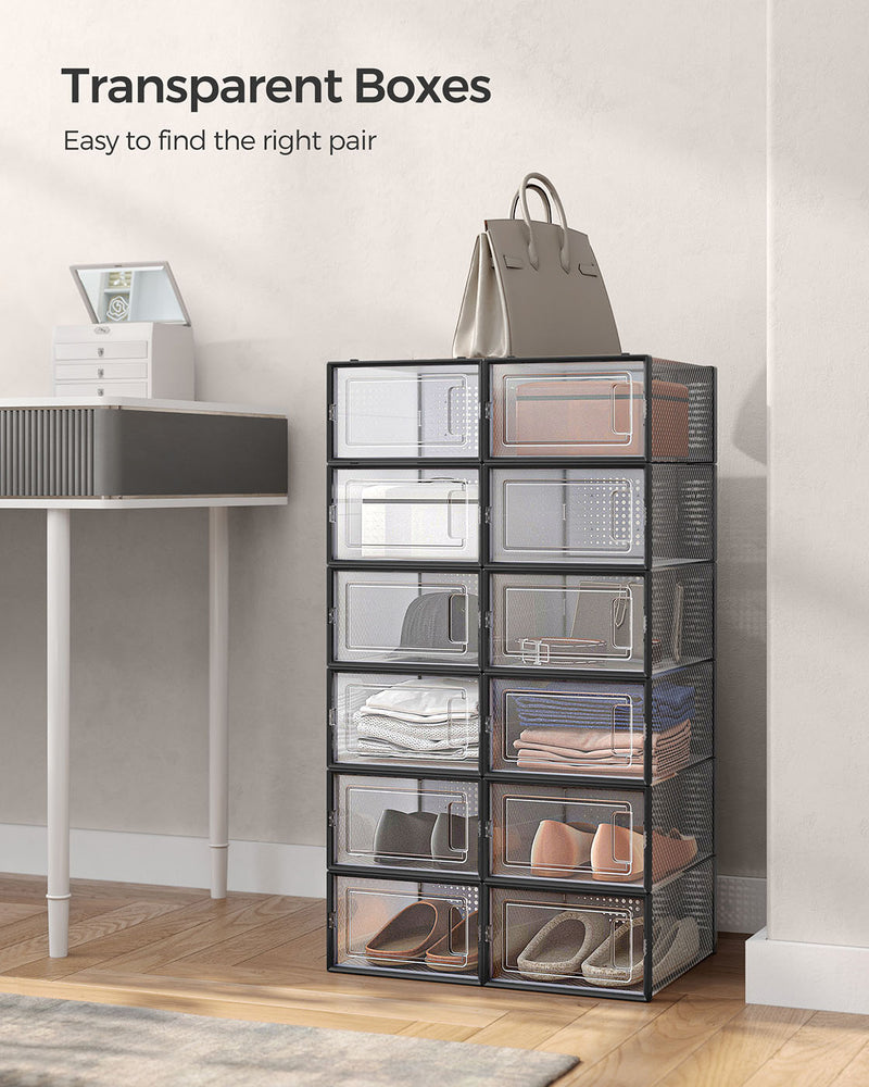 Set of 12 Transparent and Black Shoe Storage Boxes for Size 11 Trainers by Songmics