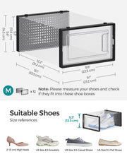 Set of 12 Transparent and Black Shoe Storage Boxes for Size 11 Trainers by Songmics
