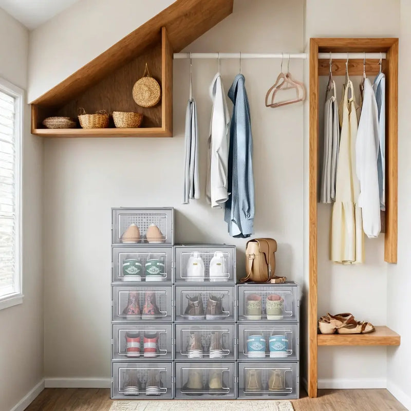 Pack of 12 Stackable Transparent and Dove Grey Shoe Storage Boxes by Songmics