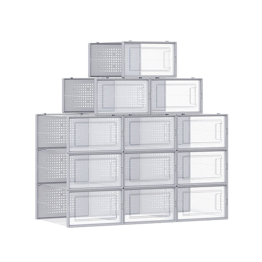 Pack of 12 Stackable Shoe Storage Boxes Transparent and Dove Grey Space Saving by Songmics