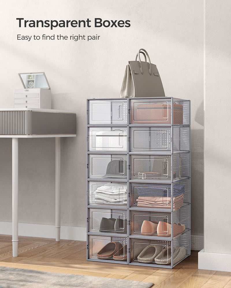 Pack of 12 Stackable Shoe Storage Boxes Transparent and Dove Grey Space Saving by Songmics