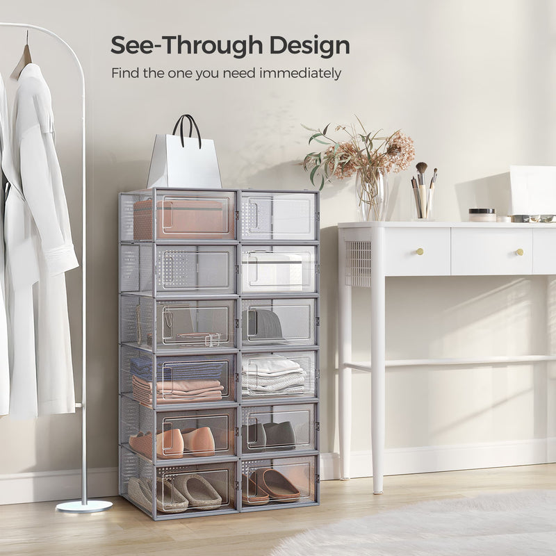 Pack of 12 Stackable Transparent and Dove Grey Shoe Storage Boxes by Songmics