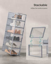 Pack of 12 Stackable Shoe Storage Boxes Transparent and Dove Grey Space Saving by Songmics