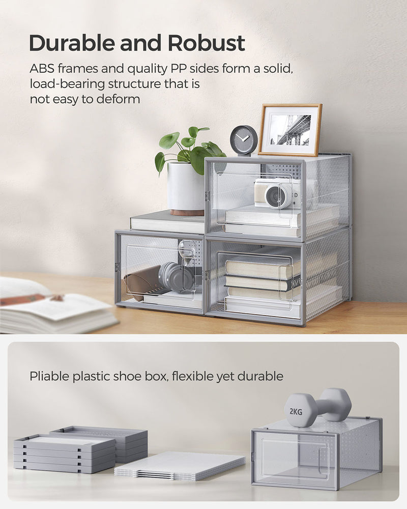 Pack of 12 Stackable Shoe Storage Boxes Transparent and Dove Grey Space Saving by Songmics